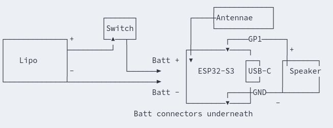 Wiring diagram for an esp32-s3 to a speaker and lipo
